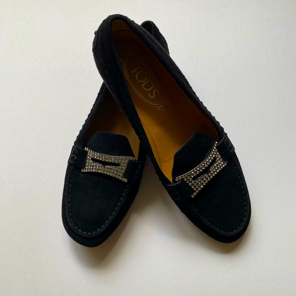 Tod's Black Suede loafer style shoe with rhinestone buckle